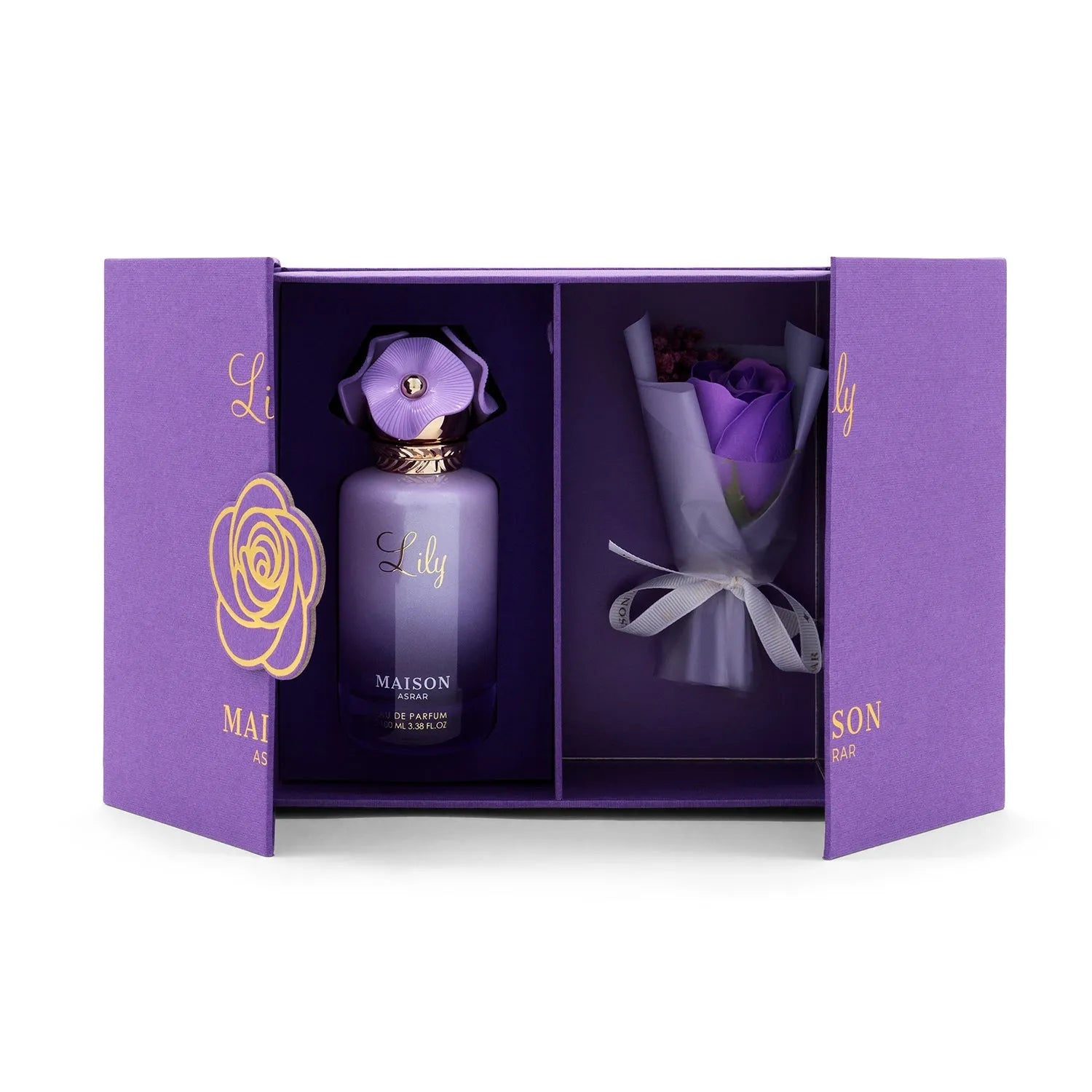Long lasting perfume – Lily 100ml Eau de Parfum by Maison Asrar featuring floral fruity notes of lychee, rose, violet, musk, and vanilla.